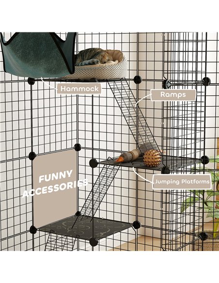 PawHut Four-Tier DIY Large Cat Cage with Hammock, Ramps, Five Doors, Indoor Use for 1-3 Cats, Black - pic 149174 | FastDaddyshop