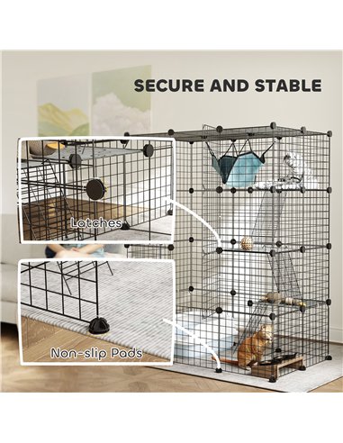 PawHut Four-Tier DIY Large Cat Cage with Hammock, Ramps, Five Doors, Indoor Use for 1-3 Cats, Black