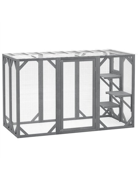 PawHut 71" Outdoor Wooden Cat House with Three Platforms, Large Door, Water-Resistant Roof, for Multiple Cats, Grey - pic 149177 | FastDaddyshop