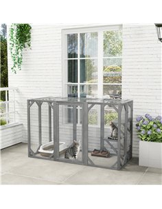 PawHut 71" Outdoor Wooden Cat House with Three Platforms, Large Door, Water-Resistant Roof, for Multiple Cats, Grey 2