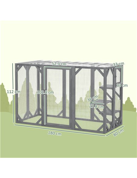 PawHut 71" Outdoor Wooden Cat House with Three Platforms, Large Door, Water-Resistant Roof, for Multiple Cats, Grey - pic 149179 | FastDaddyshop