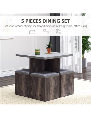 Homcom Indoor Outdoor 5PC Dining Wooden Set with 4 Storage Stools, Space Saving Design