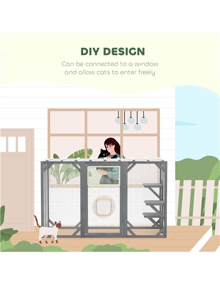 PawHut 71" Outdoor Wooden Cat House with Three Platforms, Large Door, Water-Resistant Roof, for Multiple Cats, Grey - pic 149180 | FastDaddyshop