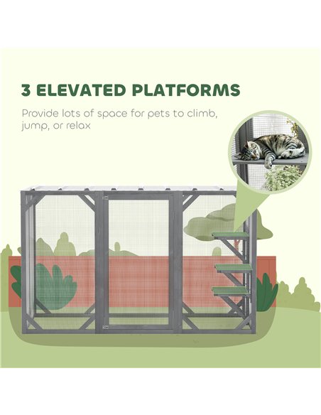 PawHut 71" Outdoor Wooden Cat House with Three Platforms, Large Door, Water-Resistant Roof, for Multiple Cats, Grey - pic 149182 | FastDaddyshop