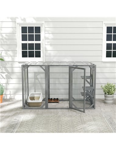 PawHut 71" Outdoor Wooden Cat House with Three Platforms, Large Door, Water-Resistant Roof, for Multiple Cats, Grey