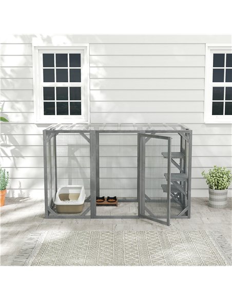 PawHut 71" Outdoor Wooden Cat House with Three Platforms, Large Door, Water-Resistant Roof, for Multiple Cats, Grey - pic 149184 | FastDaddyshop