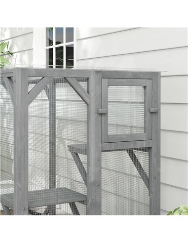 PawHut 71" Outdoor Wooden Cat House with Three Platforms, Large Door, Water-Resistant Roof, for Multiple Cats, Grey