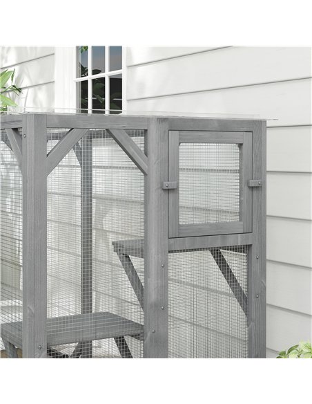 PawHut 71" Outdoor Wooden Cat House with Three Platforms, Large Door, Water-Resistant Roof, for Multiple Cats, Grey - pic 149185 | FastDaddyshop