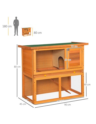 PawHut Rabbit Hutch Outdoor Guinea Pig Hutch Wooden Pet Cage Run 2-Tier with Opening Top, 90 x 45 x 80cm
