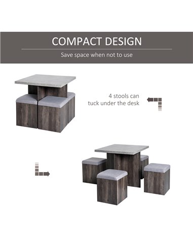 Homcom Indoor Outdoor 5PC Dining Wooden Set with 4 Storage Stools, Space Saving Design