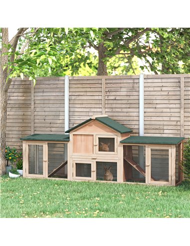 PawHut Large Rabbit Hutch Outdoor Wooden Guinea Pig Hutch with Run, 2 Storey Bunny House 210 x 45.5 x 84.5 cm