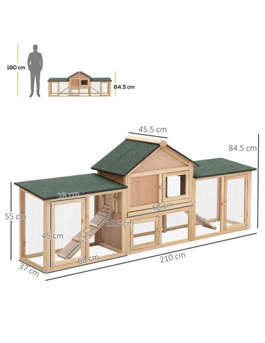 PawHut Large Rabbit Hutch Outdoor Wooden Guinea Pig Hutch with Run, 2 Storey Bunny House 210 x 45.5 x 84.5 cm
