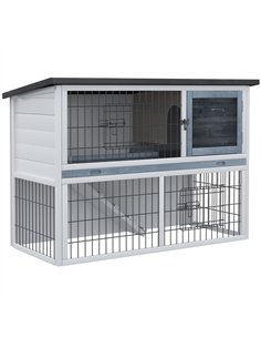 PawHut 2-Tier Wooden Rabbit Hutch Guinea Pig House Bunny Cage Backyard w/ Openable Roof Small Animal House for Outdoor Grey, 108