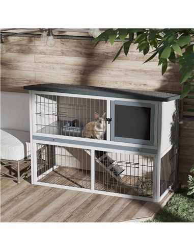 PawHut 2-Tier Wooden Rabbit Hutch Guinea Pig House Bunny Cage Backyard w/ Openable Roof Small Animal House for Outdoor Grey, 108