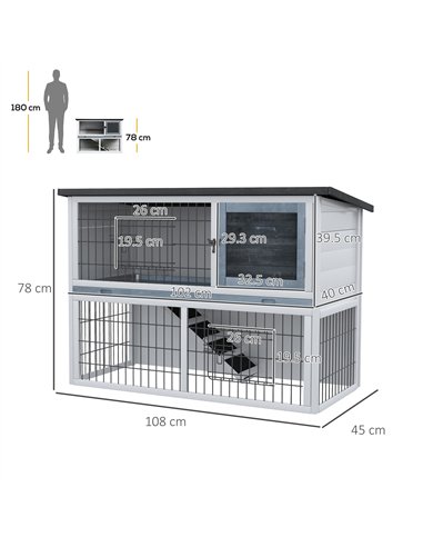 PawHut 2-Tier Wooden Rabbit Hutch Guinea Pig House Bunny Cage Backyard w/ Openable Roof Small Animal House for Outdoor Grey, 108