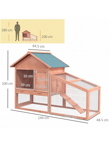 PawHut 2 Tier Rabbit Hutch Outdoor, Guinea Pig Hutch, Solid Wood Bunny House, Water Resistant Asphalt Roof Ramp Sliding tray 144