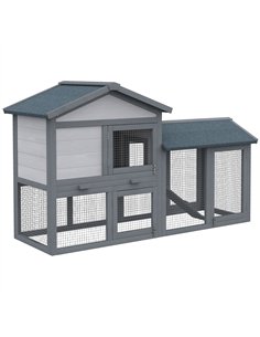 PawHut Wooden Rabbit Hutch Outdoor, Double Tier with Water-Resistant Roof, Ramp 147 x 54 x 84 cm, Grey
