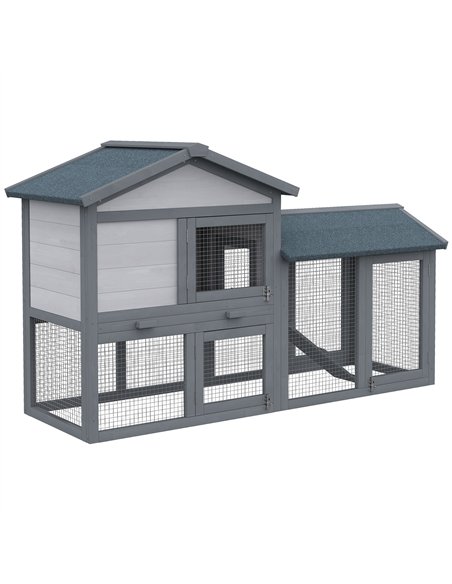 PawHut Wooden Rabbit Hutch Outdoor, Double Tier with Water-Resistant Roof, Ramp 147 x 54 x 84 cm, Grey - pic 149267 | FastDaddyshop