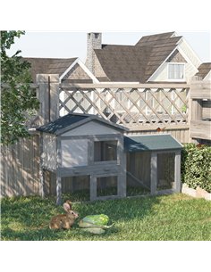 PawHut Wooden Rabbit Hutch Outdoor, Double Tier with Water-Resistant Roof, Ramp 147 x 54 x 84 cm, Grey 2
