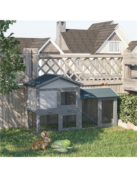 PawHut Wooden Rabbit Hutch Outdoor, Double Tier with Water-Resistant Roof, Ramp 147 x 54 x 84 cm, Grey - pic 149268 | FastDaddyshop
