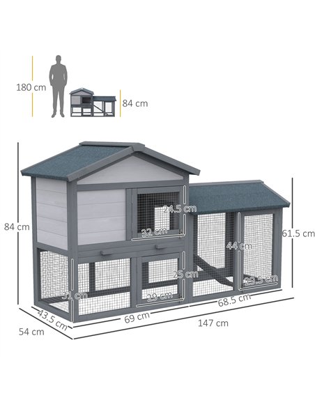 PawHut Wooden Rabbit Hutch Outdoor, Double Tier with Water-Resistant Roof, Ramp 147 x 54 x 84 cm, Grey - pic 149269 | FastDaddyshop