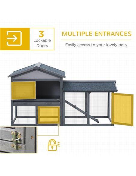 PawHut Wooden Rabbit Hutch Outdoor, Double Tier with Water-Resistant Roof, Ramp 147 x 54 x 84 cm, Grey - pic 149270 | FastDaddyshop
