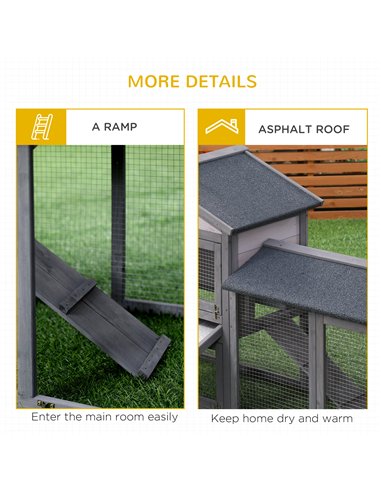 PawHut Wooden Rabbit Hutch Outdoor, Double Tier with Water-Resistant Roof, Ramp 147 x 54 x 84 cm, Grey