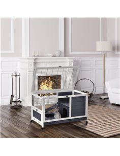 PawHut Wooden Guinea Pig Hutch, 2-Floor Bunny Cage w/ Enclosed Run Area, Grey 2