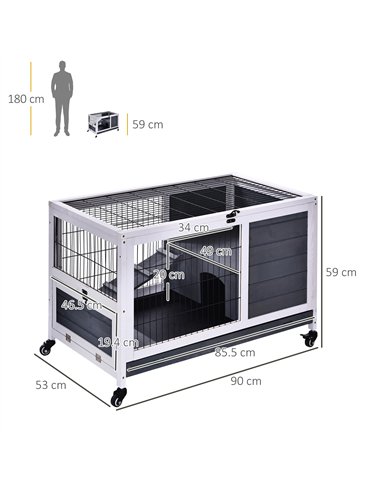 PawHut Wooden Guinea Pig Hutch, 2-Floor Bunny Cage w/ Enclosed Run Area, Grey