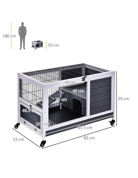 PawHut Wooden Guinea Pig Hutch, 2-Floor Bunny Cage w/ Enclosed Run Area, Grey - pic 149278 | FastDaddyshop