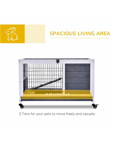 PawHut Wooden Guinea Pig Hutch, 2-Floor Bunny Cage w/ Enclosed Run Area, Grey