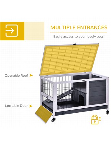PawHut Wooden Guinea Pig Hutch, 2-Floor Bunny Cage w/ Enclosed Run Area, Grey