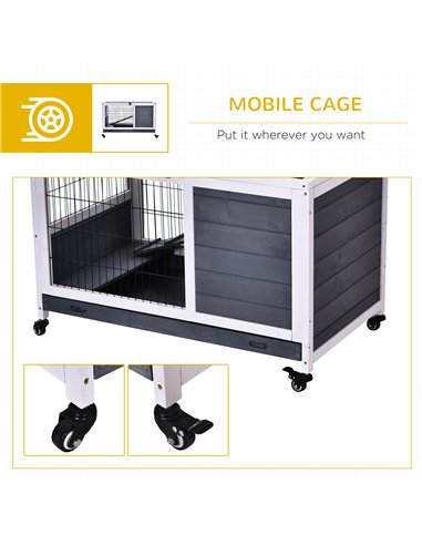 PawHut Wooden Guinea Pig Hutch, 2-Floor Bunny Cage w/ Enclosed Run Area, Grey