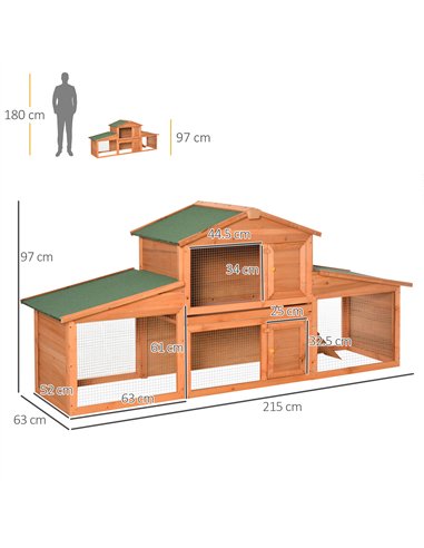 PawHut Large Rabbit Hutch Outdoor, Guinea Pig Hutch, Wooden Small Animal House, with Rabbit Run, 215 x 63 x 97 cm