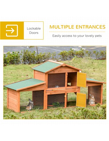 PawHut Large Rabbit Hutch Outdoor, Guinea Pig Hutch, Wooden Small Animal House, with Rabbit Run, 215 x 63 x 97 cm