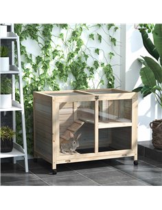 PawHut Rabbit Hutch Indoor Wooden Guinea Pig House Hamster Cage with Wheels, 2 Layers Bunny Cage with Openable Roof, 91.5 x 53.3 2