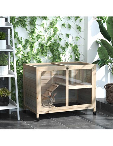 PawHut Rabbit Hutch Indoor Wooden Guinea Pig House Hamster Cage with Wheels, 2 Layers Bunny Cage with Openable Roof, 91.5 x 53.3
