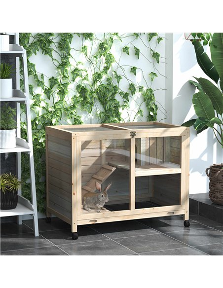 PawHut Rabbit Hutch Indoor Wooden Guinea Pig House Hamster Cage with Wheels, 2 Layers Bunny Cage with Openable Roof, 91.5 x 53.3 - pic 149295 | FastDaddyshop