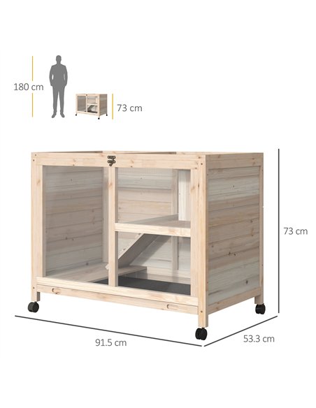 PawHut Rabbit Hutch Indoor Wooden Guinea Pig House Hamster Cage with Wheels, 2 Layers Bunny Cage with Openable Roof, 91.5 x 53.3 - pic 149296 | FastDaddyshop
