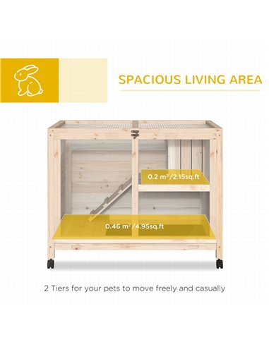PawHut Rabbit Hutch Indoor Wooden Guinea Pig House Hamster Cage with Wheels, 2 Layers Bunny Cage with Openable Roof, 91.5 x 53.3