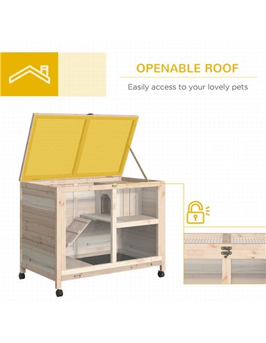 PawHut Rabbit Hutch Indoor Wooden Guinea Pig House Hamster Cage with Wheels, 2 Layers Bunny Cage with Openable Roof, 91.5 x 53.3