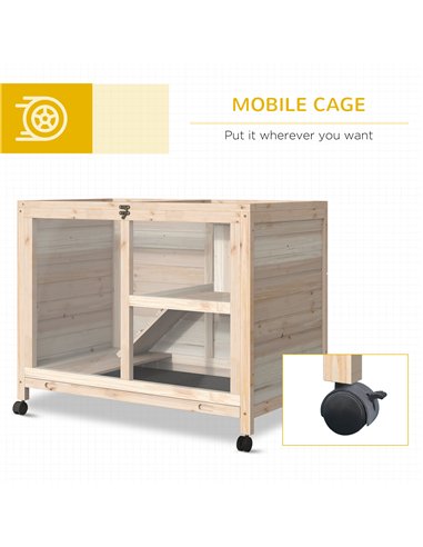 PawHut Rabbit Hutch Indoor Wooden Guinea Pig House Hamster Cage with Wheels, 2 Layers Bunny Cage with Openable Roof, 91.5 x 53.3