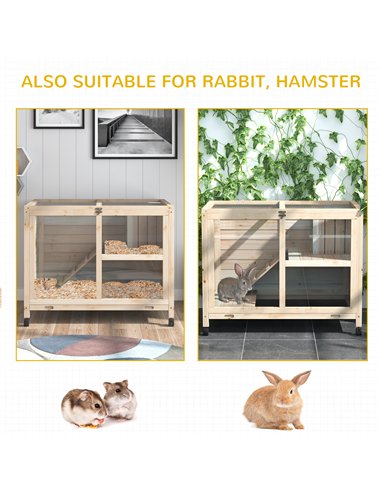 PawHut Rabbit Hutch Indoor Wooden Guinea Pig House Hamster Cage with Wheels, 2 Layers Bunny Cage with Openable Roof, 91.5 x 53.3