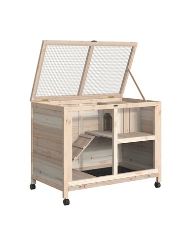 PawHut Rabbit Hutch Indoor Wooden Guinea Pig House Hamster Cage with Wheels, 2 Layers Bunny Cage with Openable Roof, 91.5 x 53.3