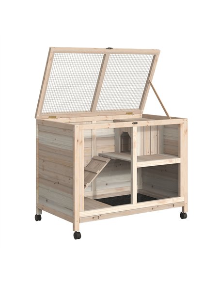 PawHut Rabbit Hutch Indoor Wooden Guinea Pig House Hamster Cage with Wheels, 2 Layers Bunny Cage with Openable Roof, 91.5 x 53.3 - pic 149302 | FastDaddyshop
