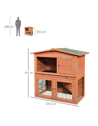 PawHut Rabbit Hutch Outdoor Guinea Pig Hutch 2-Tier Bunny Cage with No-Leak Tray 100.5 x 55 x 101 cm