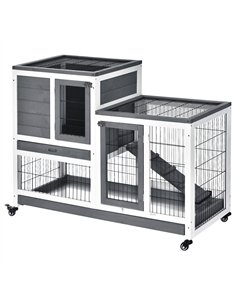 PawHut Wooden Indoor Rabbit Hutch Guinea Pig House Bunny Small Animal Cage W/ Wheels Enclosed Run 110 x 50 x 88 cm, Grey