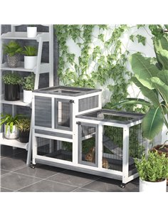 PawHut Wooden Indoor Rabbit Hutch Guinea Pig House Bunny Small Animal Cage W/ Wheels Enclosed Run 110 x 50 x 88 cm, Grey 2