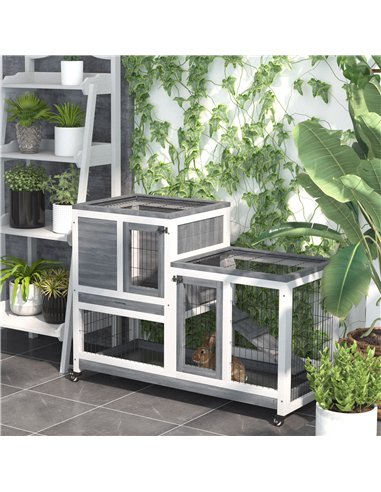 PawHut Wooden Indoor Rabbit Hutch Guinea Pig House Bunny Small Animal Cage W/ Wheels Enclosed Run 110 x 50 x 88 cm, Grey