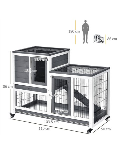 PawHut Wooden Indoor Rabbit Hutch Guinea Pig House Bunny Small Animal Cage W/ Wheels Enclosed Run 110 x 50 x 88 cm, Grey - pic 149314 | FastDaddyshop